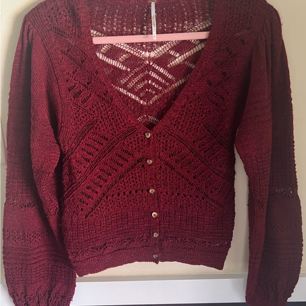 Burgundy Chunky Knit Cardigan with V-Neck